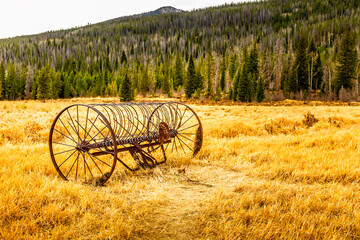 Old, vintage hay tedder on a golden meadow in Colorado