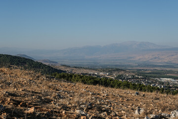 View of Hula Valley with Rosh Pina town and the Galan Heights in the east, Mount Hermom in the north and Lake Kinneret in the south as seen from Mount Canaan slopes, Upper Galilee, Israel.  