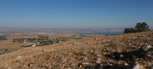 View of Hula Valley with Rosh Pina town and the Galan Heights in the east, Mount Hermom in the...