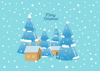 Fototapeta na wymiar Illustration of a Winter landscape with snow-covered trees and houses. Vector illustration for a Christmas greeting card. Text can be added and replacedм