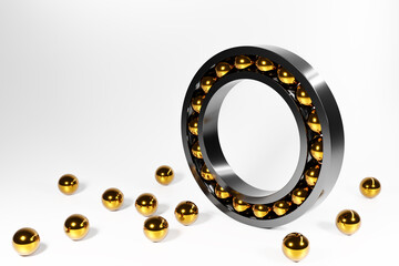 3D illustration metal silver ball bearing with gold balls with balls scattered around on white  isolated background. Bearing industrial. This part of the car