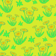 Obraz premium Seamless vector pattern with dandelions on yellow background. Simple floral wallpaper design. Flower meadow fashion textile.