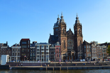 Fototapeta premium Basilica of St. Nicholas in Amsterdam, The Netherlands. Cityscape in summer time.