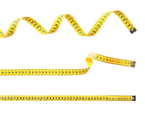 Set of yellow measuring tapes on white background