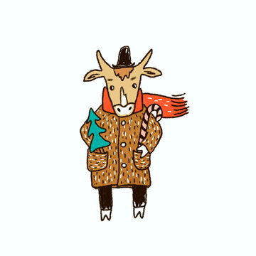 Bull in a coat and hat with a Christmas tree. 