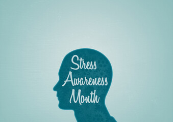 An illustration of a unisex silhouette of a human head containing Stress Awareness Month with light background and copy space and subtle textures