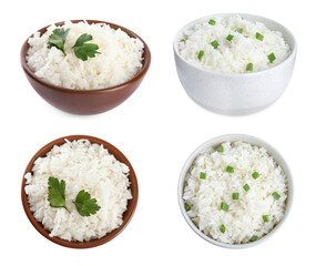 Set of bowls with cooked rice isolated on white