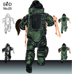 Hand drawn a bomb suit must protect all parts of the body, Soldier in bomb suit with fire bomb cartoon vector