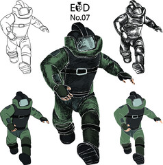 Hand drawn a bomb suit must protect all parts of the body, Soldier in bomb suit with fire bomb cartoon vector