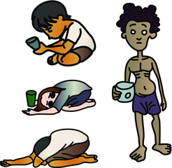 Hand drawn child poverty vector illustration.child beggar vector,sad child beggar,stop child labour