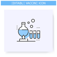 Producing vaccine line icon. Laboratorian research. Chemical formula. Cure search, vaccine development. Stop coronavirus. Fight against Covid19 disease. Isolated vector illustration. Editable stroke 