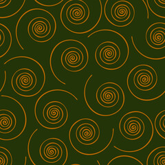 Seamless vector pattern texture with spiral lines on green background. Simple swirl wallpaper design. Decorative fashion textile.