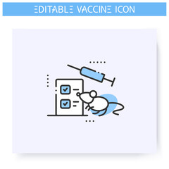 Animal testing line icon. Preclinical vaccine studies. Syringe and rat. Cure search, vaccine development. Stop coronavirus. Fight against Covid19 disease. Isolated vector illustration. Editable stroke