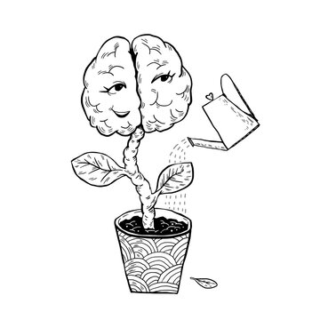 Healthy brain development. Doodle brain like a flower grows in a pot that is watered by a watering can. Brain power, care. Vector stock illustration of intelligence black on white isolated.