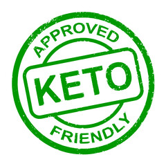 Keto approved friendly stamp. Ketogenic diet. Green rubber stamp. Seal. Product quality. Approved cachet. Round print.