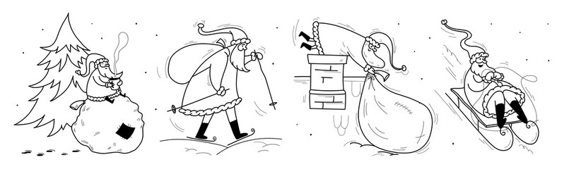 Christmas set of Santa sketches. Doodle Santa Claus rolls down in his sleigh, goes skiing, drags a bag of gifts down the chimney, sits on a bag of gifts and drinks hot tea. Vector stock illustration.