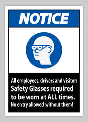 Fototapeta na wymiar Notice Sign All Employees, Drivers And Visitors,Safety Glasses Required To Be Worn At All Times