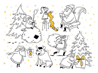 Santa doodles. Christmas doodle stories set hand drawn. Vector stock illustration black contour on white isolated background. Merry christmas collection with santa, bull, child.