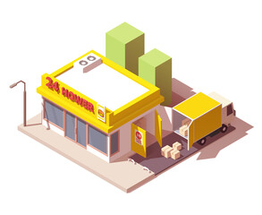 Goods delivery to shop or store by truck. Vector isometric icon