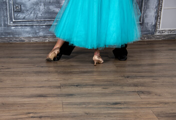 beautiful female legs in golden dance shoes