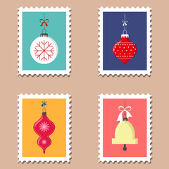 Vintage new year postage stamps for postcards, envelopes and letters. Set of Christmas stamps with Christmas toys. Merry Christmas and happy New year!