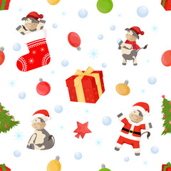 Seamless pattern with New Year symbols. Ornament with christmas tree, bulls, balls, gift boxes and snowflakes.