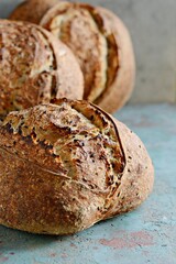 Homemade Freshly Baked Country Bread  made from wheat and whole grain flour on gray background. French Freshly baked bread. 