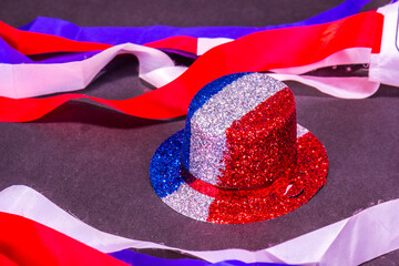 Small Red, White & Blue Party Top Hat With American Flag Colored Streamers