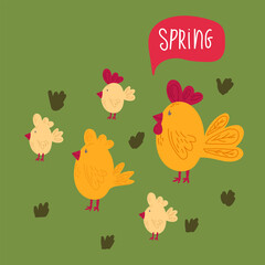 Illustration of yellow hens and Chicks in Spring. Cartoon background with cute animals. Doodle of festive Easter chickens with the inscription Spring. Happy spring holiday of Easter. Vector