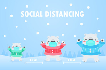 The bear family around the world wear masks and leave social space to prevent viruses.