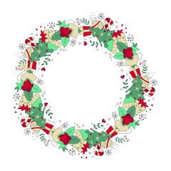 New year and Christmas wreath. Bright color pattern christmas elements. Unique design for your greeting cards, banners, flyers. Vector illustration. Hand-Drawn. Flat design.