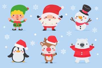 Christmas cute cartoon character set Isolated on winter snow falling background