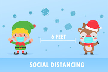 Elf and reindeer Wear a mask to prevent the coronavirus during Christmas.