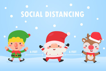 Santa elf and reindeer wear masks and leave social space to prevent the corona during Christmas.