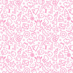 Happy new year seamless vector pattern. For design, wrapping paper and wallpaper. Red pattern christmas items. Vector illustration. Hand-Drawn. Flat design.