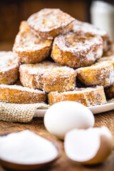 baked or fried bread with sugar and cinnamon. Dessert called Rabanada, Torrija or golden bread. cooking do Brasil, Portugal and Spain