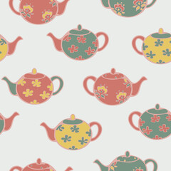 Vector seamless pattern of colorful teapots. Crockery illustration design.