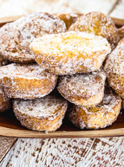baked or fried bread with sugar and cinnamon. Dessert called Rabanada, Torrija or golden bread. cooking do Brasil, Portugal and Spain