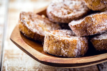 Dessert of bread known as golden slice, slice of lamb, french toast, Eggy bread, French toast, “Pain Perdu”. Homemade sweet typical of religious and Christmas or New Year celebrations