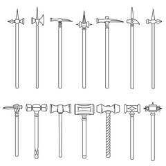Set of simple vector images of medieval war hammers and maces drawn in art line style.