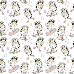 Christmas pattern. 2021 Ox zodiac. Winter sports.Great for New Year's design, design for wrapping paper, fabric and clothing. Hand-drawn. Vector illustration.