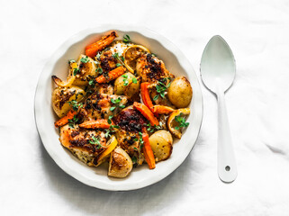 Baked chicken with potato, carrot, thyme and french mustard on a light background, top view. Delicious lunch