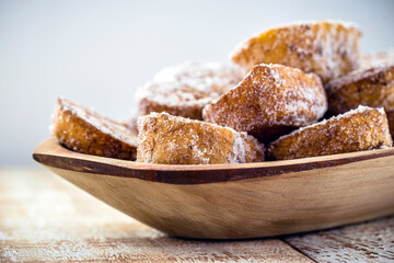Dessert of bread known as golden slice, slice of lamb, french toast, Eggy bread, French toast, “Pain Perdu”. Homemade sweet typical of religious and Christmas or New Year celebrations