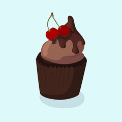 Illustration of a cupcake with cherries, cream, nuts, berries, chocolate and fruit filling. Cupcakes eps10 illustration. Birthday sweets.