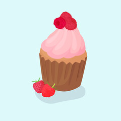 Illustration of a cupcake with cherries, cream, nuts, berries, chocolate and fruit filling. Cupcakes eps10 illustration. Birthday sweets.