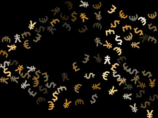 Euro dollar pound yen metallic symbols scatter currency vector design. Jackpot backdrop. Currency 
