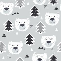 Seamless pattern, bears, fir trees, hand drawn overlapping backdrop. Colorful background vector. Illustration with animals. Decorative wallpaper, good for printing