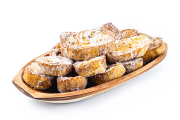 Dessert of bread known as golden slice, slice of lamb, french toast, Eggy bread, French toast, “Pain Perdu”. Isolated white background