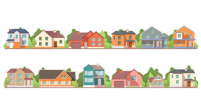 Vector flat residential houses. Front view with roof. Isolated on white background