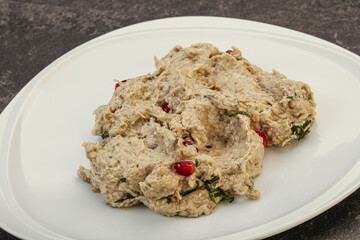 Vagan dietary cusine - mutabal with granet seeds